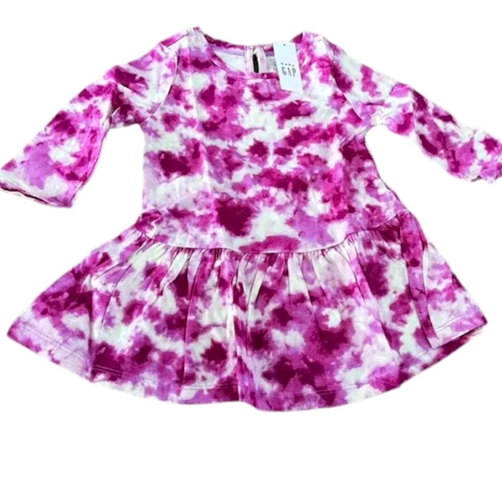 Baby GAP Print Long Sleeve Dress, White Pink Tie Dye, Size 6-12 Months, NEW